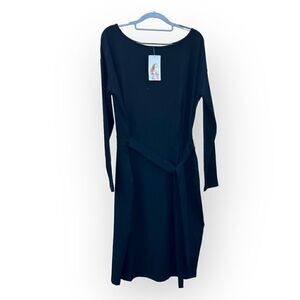 Pretty Garden long sleeve midi length dress pockets tie waist crew neck black Si